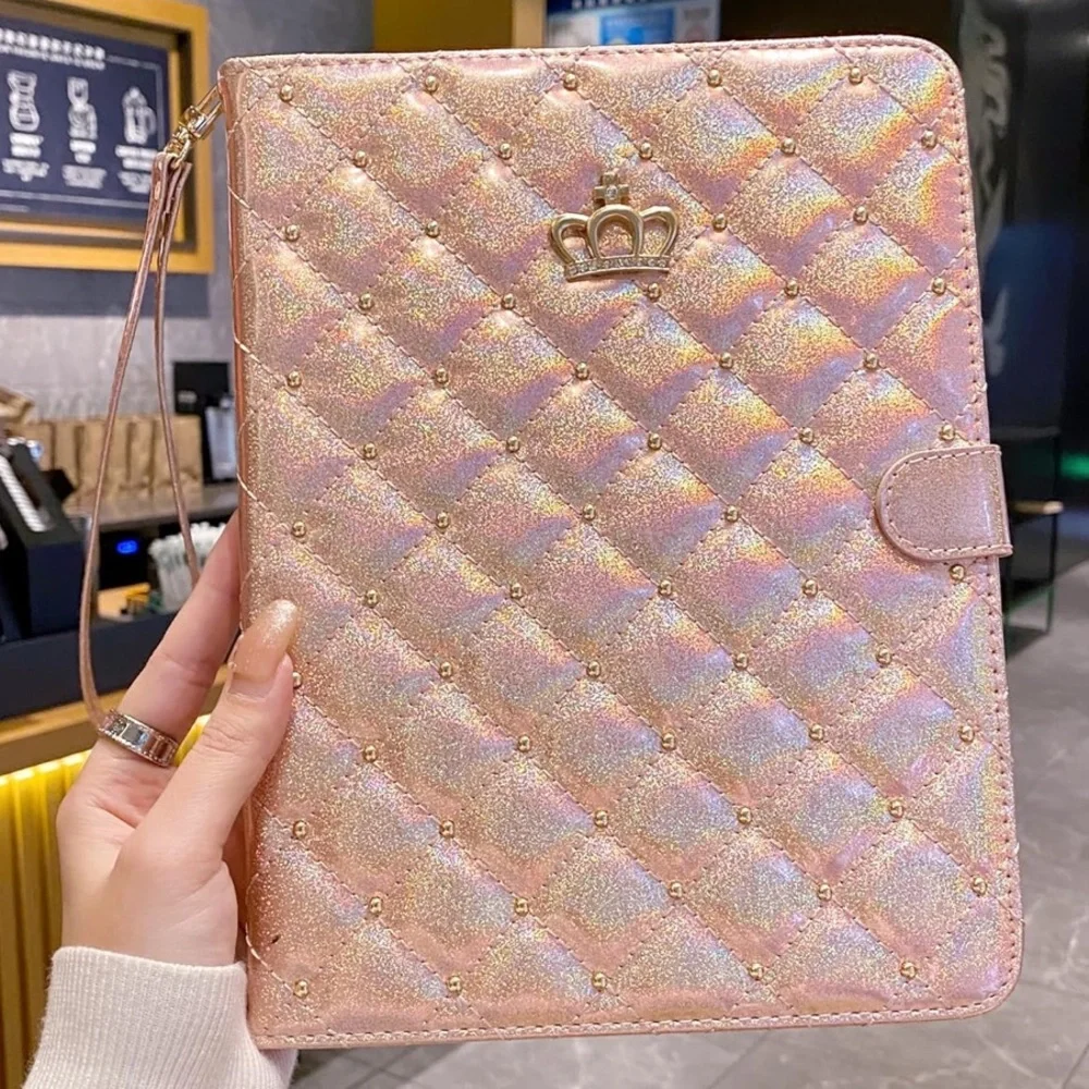 Holographic Quilted Tablet Case with Crown Accent - Pink